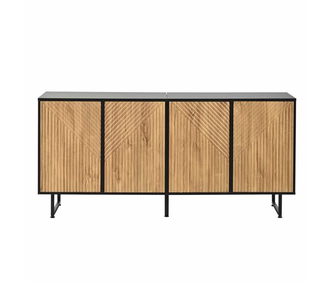 Aparador de salón 160 x 40 x 75 cm - 4 puertas, diseño moldeado al vacío, 3 patas de soporte, 160 cm de ancho - madera natural y negro