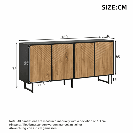 Aparador de sala 160 x 40 x 75 cm - 4 portas, design moldado a vácuo, 3 pés de apoio, 160 cm de largura - madeira natural e preta Aparador de sala 160 x 40 x 75 cm - 4 portas, design moldado a vácuo, 3 pés de apoio, 160 cm de largura - madeira natural e preta