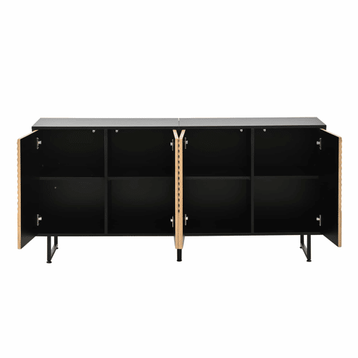 Aparador de sala 160 x 40 x 75 cm - 4 portas, design moldado a vácuo, 3 pés de apoio, 160 cm de largura - madeira natural e preta Aparador de sala 160 x 40 x 75 cm - 4 portas, design moldado a vácuo, 3 pés de apoio, 160 cm de largura - madeira natural e preta