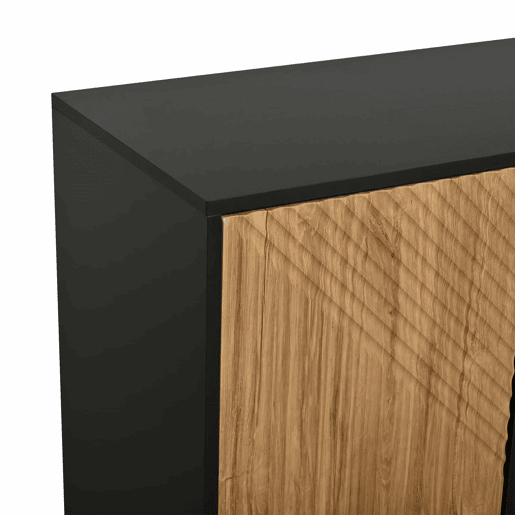 Aparador de sala 160 x 40 x 75 cm - 4 portas, design moldado a vácuo, 3 pés de apoio, 160 cm de largura - madeira natural e preta Aparador de sala 160 x 40 x 75 cm - 4 portas, design moldado a vácuo, 3 pés de apoio, 160 cm de largura - madeira natural e preta