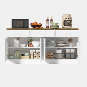 Aparador de cozinha 76,5 x 160 x 37 cm - 3 gavetas, prateleiras ajustáveis, ilha de cozinha com bancada com efeito de madeira - branco e natural