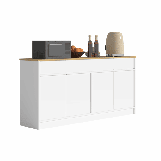 Aparador de cozinha 76,5 x 160 x 37 cm - 3 gavetas, prateleiras ajustáveis, ilha de cozinha com bancada com efeito de madeira - branco e natural