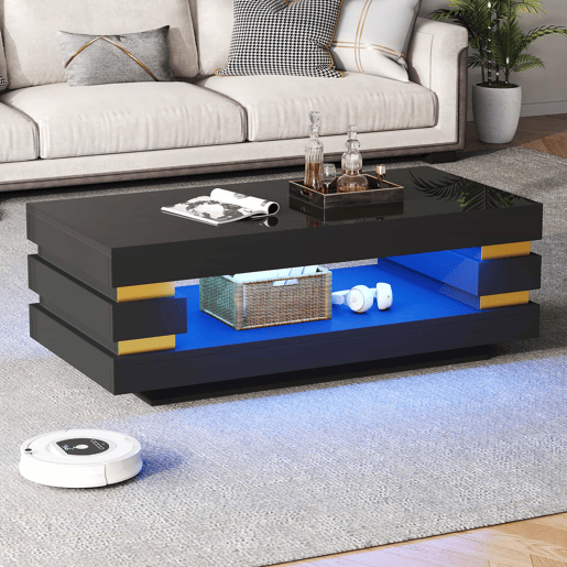 Mesa de centro 100 x 50 x 35 cm - com espaço de arrumação, acabamento de alto brilho, iluminação LED - preta