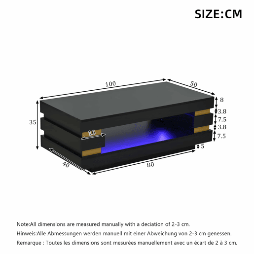 Mesa de centro 100 x 50 x 35 cm - com espaço de arrumação, acabamento de alto brilho, iluminação LED - preta