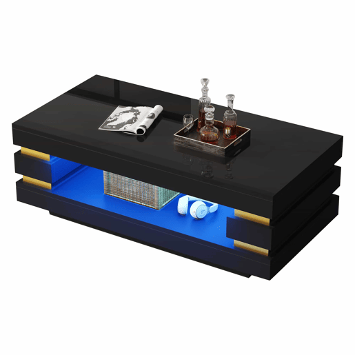 Mesa de centro 100 x 50 x 35 cm - com espaço de arrumação, acabamento de alto brilho, iluminação LED - preta