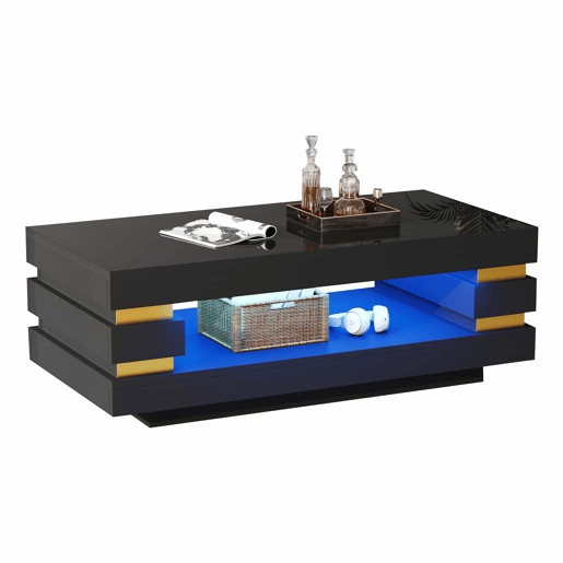 Mesa de centro 100 x 50 x 35 cm - com espaço de arrumação, acabamento de alto brilho, iluminação LED - preta