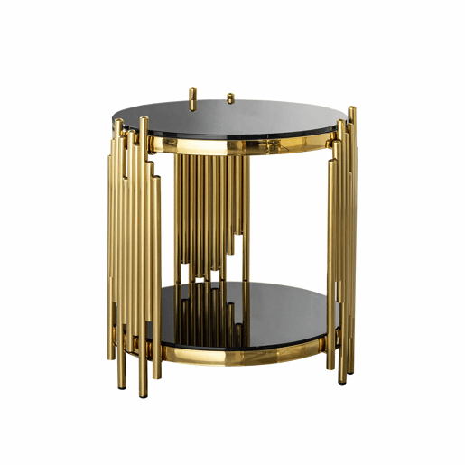 Mesa auxiliar redonda moderna de 38 cm - Mesa de chá de luxo com base em aço inoxidável e tampo em vidro - Preto e dourado