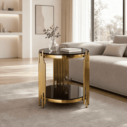 Mesa auxiliar redonda moderna de 38 cm - Mesa de chá de luxo com base em aço inoxidável e tampo em vidro - Preto e dourado