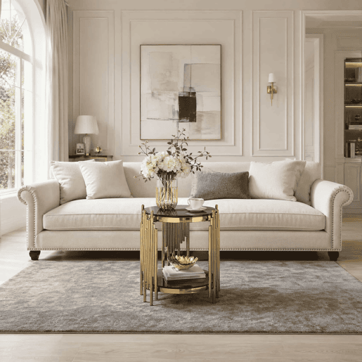 Mesa auxiliar redonda moderna de 38 cm - Mesa de chá de luxo com base em aço inoxidável e tampo em vidro - Preto e dourado