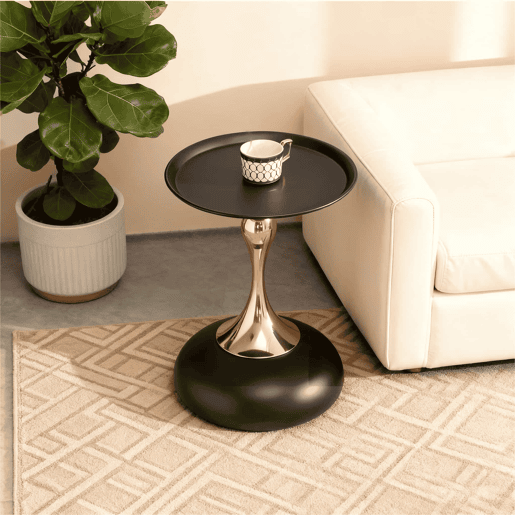 Mesa auxiliar moderna + 38 cm - Mesa redonda com base em metal, mesa de cabeceira e mesa de chá, mesa de apoio para canto - Preto + Dourado