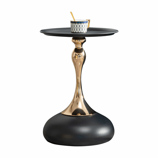 Mesa auxiliar moderna + 38 cm - Mesa redonda com base em metal, mesa de cabeceira e mesa de chá, mesa de apoio para canto - Preto + Dourado