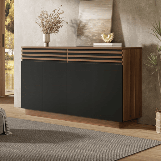 Aparador 150 x 40 x 85 cm - 2 gavetas e 4 portas, design moderno - Preto e castanho