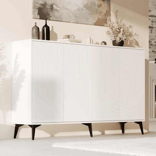 Aparador de 160 cm - 4 portas, prateleiras ajustáveis, multifuncional com pés metálicos - branco
