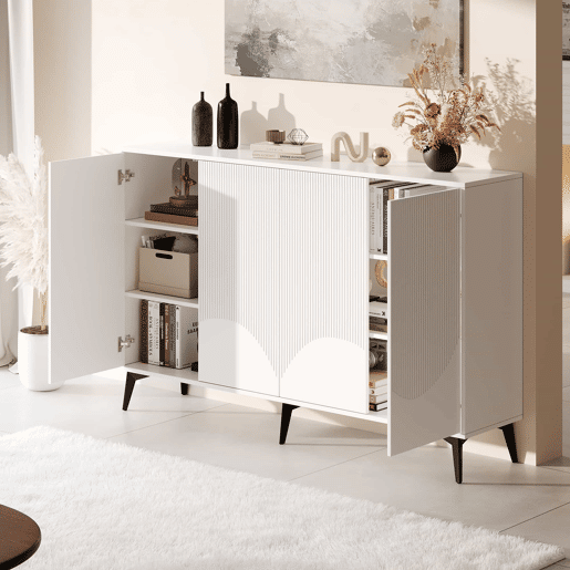 Aparador de 160 cm - 4 portas, prateleiras ajustáveis, multifuncional com pés metálicos - branco