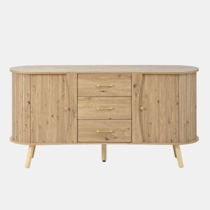 Aparador de dimensões não especificadas - design ondulado com ranhuras, duas portas de correr, três gavetas, prateleiras ajustáveis, pés em madeira maciça, estilo escandinavo moderno, MDF - Natural