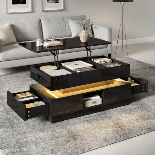 Mesa de centro elevável - acabamento brilhante, altura ajustável, tampo elevável, espaço de arrumação, iluminação LED, tomada integrada, gavetas - Preto