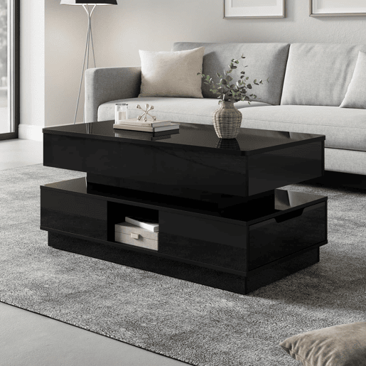 Mesa de centro elevável - acabamento brilhante, altura ajustável, tampo elevável, espaço de arrumação, iluminação LED, tomada integrada, gavetas - Preto