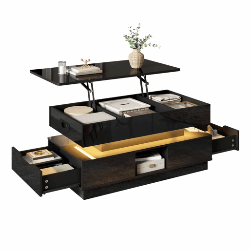 Mesa de centro elevável - acabamento brilhante, altura ajustável, tampo elevável, espaço de arrumação, iluminação LED, tomada integrada, gavetas - Preto