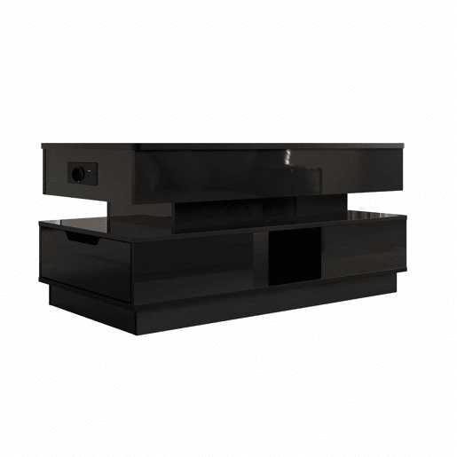 Mesa de centro elevável - acabamento brilhante, altura ajustável, tampo elevável, espaço de arrumação, iluminação LED, tomada integrada, gavetas - Preto