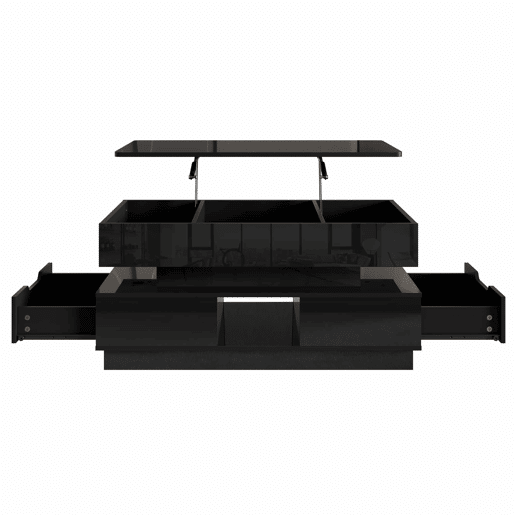 Mesa de centro elevável - acabamento brilhante, altura ajustável, tampo elevável, espaço de arrumação, iluminação LED, tomada integrada, gavetas - Preto