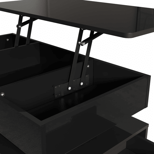 Mesa de centro elevável - acabamento brilhante, altura ajustável, tampo elevável, espaço de arrumação, iluminação LED, tomada integrada, gavetas - Preto