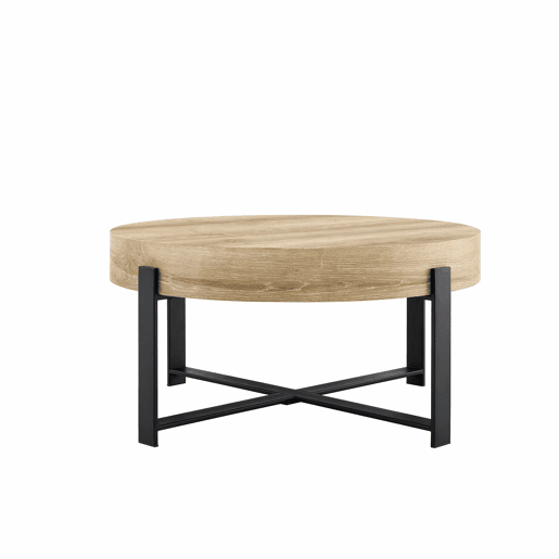 Mesa de centro redonda de 68 cm - estilo retro industrial, MDF com padrão de madeira, estrutura metálica preta - pretomadeira