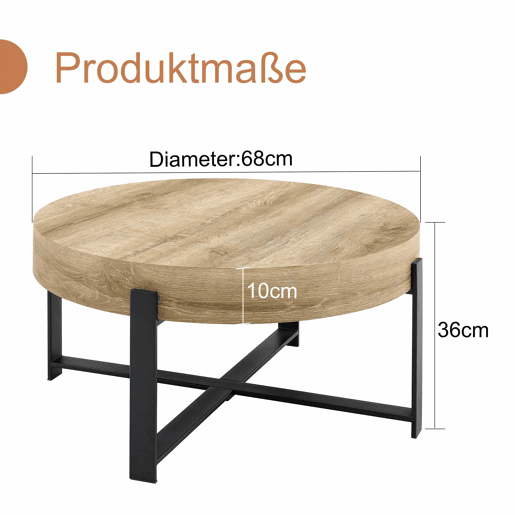 Mesa de centro redonda de 68 cm - estilo retro industrial, MDF com padrão de madeira, estrutura metálica preta - pretomadeira