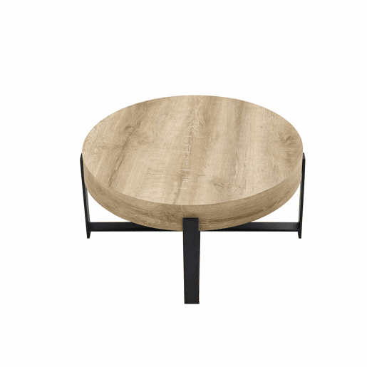 Mesa de centro redonda de 68 cm - estilo retro industrial, MDF com padrão de madeira, estrutura metálica preta - pretomadeira
