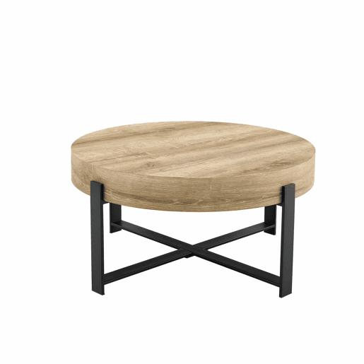 Mesa de centro redonda de 68 cm - estilo retro industrial, MDF com padrão de madeira, estrutura metálica preta - pretomadeira