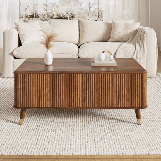 Mesa de centro elevável - estilo retro moderno, tampo elevável, estrutura ondulada, grande capacidade de arrumação, pés em madeira, multifuncional - Nogueira Mesa de centro elevável - estilo retro moderno, tampo elevável, estrutura ondulada, grande capacidade de arrumação, pés em madeira, multifuncional - Nogueira