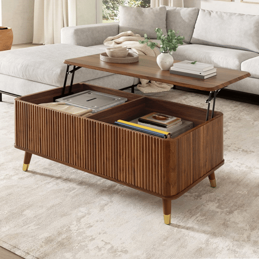Mesa de centro elevável - estilo retro moderno, tampo elevável, estrutura ondulada, grande capacidade de arrumação, pés em madeira, multifuncional - Nogueira Mesa de centro elevável - estilo retro moderno, tampo elevável, estrutura ondulada, grande capacidade de arrumação, pés em madeira, multifuncional - Nogueira