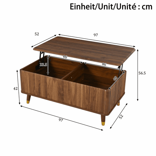 Mesa de centro elevável - estilo retro moderno, tampo elevável, estrutura ondulada, grande capacidade de arrumação, pés em madeira, multifuncional - Nogueira Mesa de centro elevável - estilo retro moderno, tampo elevável, estrutura ondulada, grande capacidade de arrumação, pés em madeira, multifuncional - Nogueira