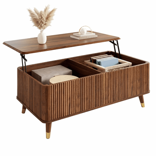 Mesa de centro elevável - estilo retro moderno, tampo elevável, estrutura ondulada, grande capacidade de arrumação, pés em madeira, multifuncional - Nogueira Mesa de centro elevável - estilo retro moderno, tampo elevável, estrutura ondulada, grande capacidade de arrumação, pés em madeira, multifuncional - Nogueira
