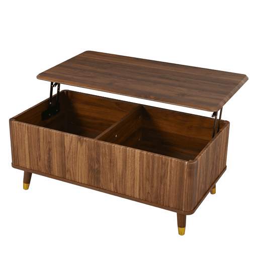 Mesa de centro elevável - estilo retro moderno, tampo elevável, estrutura ondulada, grande capacidade de arrumação, pés em madeira, multifuncional - Nogueira Mesa de centro elevável - estilo retro moderno, tampo elevável, estrutura ondulada, grande capacidade de arrumação, pés em madeira, multifuncional - Nogueira