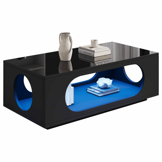 Mesa de centro com LED 100x50x35 cm - controlo por aplicação, MDF, acabamento de alto brilho, espaço de arrumação, design perfurado - preto
