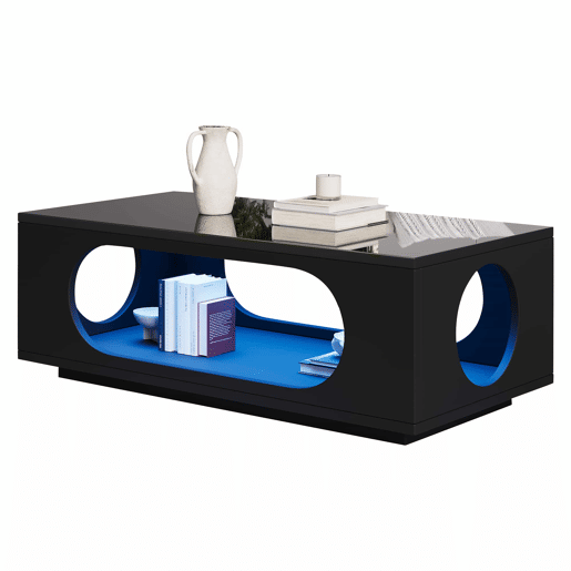 Mesa de centro com LED 100x50x35 cm - controlo por aplicação, MDF, acabamento de alto brilho, espaço de arrumação, design perfurado - preto