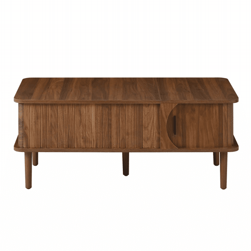 Mesa de centro com altura ajustável - estilo retro moderno, tampo com altura regulável, porta de correr, acabamento em efeito nogueira, ranhuras verticais, pés de madeira, multifuncional - Nogueira Mesa de centro com altura ajustável - estilo retro moderno, tampo com altura regulável, porta de correr, acabamento em efeito nogueira, ranhuras verticais, pés de madeira, multifuncional - Nogueira