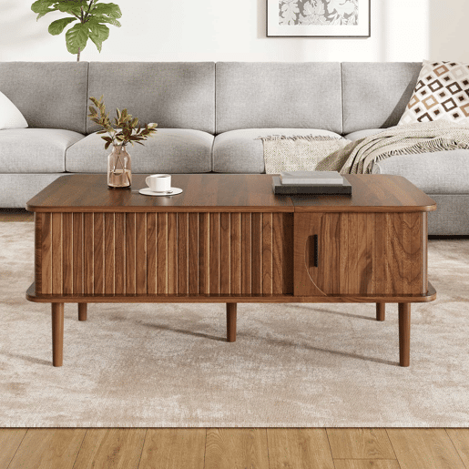 Mesa de centro com altura ajustável - estilo retro moderno, tampo com altura regulável, porta de correr, acabamento em efeito nogueira, ranhuras verticais, pés de madeira, multifuncional - Nogueira Mesa de centro com altura ajustável - estilo retro moderno, tampo com altura regulável, porta de correr, acabamento em efeito nogueira, ranhuras verticais, pés de madeira, multifuncional - Nogueira