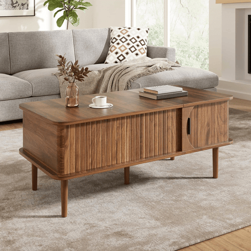 Mesa de centro com altura ajustável - estilo retro moderno, tampo com altura regulável, porta de correr, acabamento em efeito nogueira, ranhuras verticais, pés de madeira, multifuncional - Nogueira Mesa de centro com altura ajustável - estilo retro moderno, tampo com altura regulável, porta de correr, acabamento em efeito nogueira, ranhuras verticais, pés de madeira, multifuncional - Nogueira