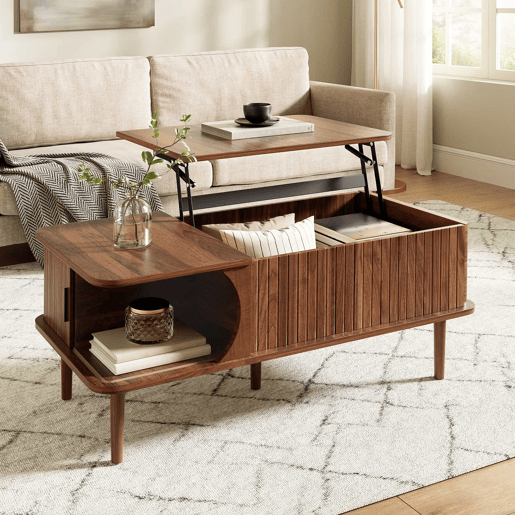 Mesa de centro com altura ajustável - estilo retro moderno, tampo com altura regulável, porta de correr, acabamento em efeito nogueira, ranhuras verticais, pés de madeira, multifuncional - Nogueira Mesa de centro com altura ajustável - estilo retro moderno, tampo com altura regulável, porta de correr, acabamento em efeito nogueira, ranhuras verticais, pés de madeira, multifuncional - Nogueira