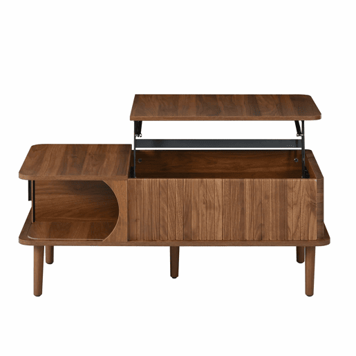 Mesa de centro com altura ajustável - estilo retro moderno, tampo com altura regulável, porta de correr, acabamento em efeito nogueira, ranhuras verticais, pés de madeira, multifuncional - Nogueira Mesa de centro com altura ajustável - estilo retro moderno, tampo com altura regulável, porta de correr, acabamento em efeito nogueira, ranhuras verticais, pés de madeira, multifuncional - Nogueira