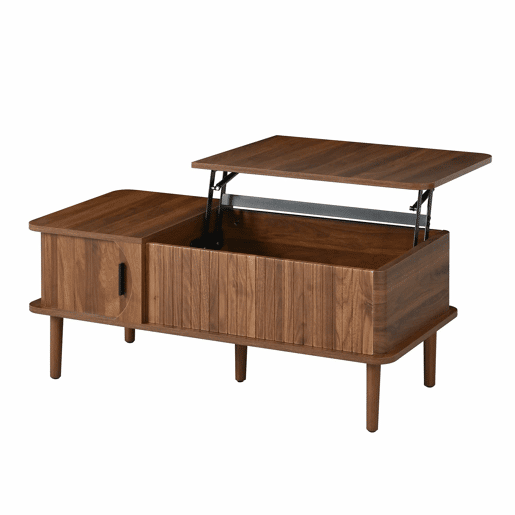 Mesa de centro com altura ajustável - estilo retro moderno, tampo com altura regulável, porta de correr, acabamento em efeito nogueira, ranhuras verticais, pés de madeira, multifuncional - Nogueira Mesa de centro com altura ajustável - estilo retro moderno, tampo com altura regulável, porta de correr, acabamento em efeito nogueira, ranhuras verticais, pés de madeira, multifuncional - Nogueira