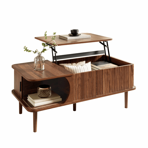 Mesa de centro com altura ajustável - estilo retro moderno, tampo com altura regulável, porta de correr, acabamento em efeito nogueira, ranhuras verticais, pés de madeira, multifuncional - Nogueira Mesa de centro com altura ajustável - estilo retro moderno, tampo com altura regulável, porta de correr, acabamento em efeito nogueira, ranhuras verticais, pés de madeira, multifuncional - Nogueira