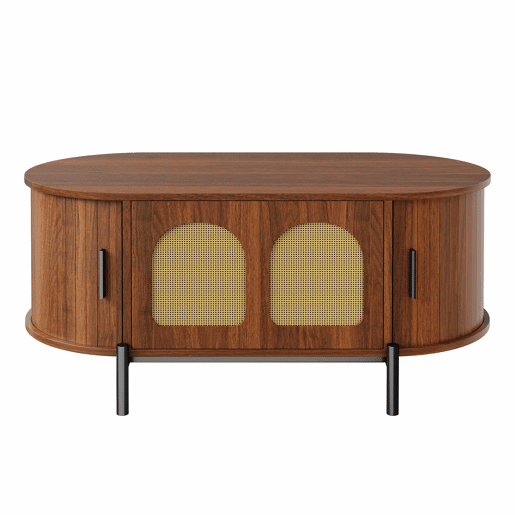 Mesa de centro oval 100 x 50 cm - portas de correr, acabamento com efeito de madeira, detalhes em rattan, pés metálicos, multifuncional com espaço de arrumação - nogueira