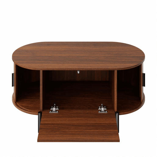 Mesa de centro oval 100 x 50 cm - portas de correr, acabamento com efeito de madeira, detalhes em rattan, pés metálicos, multifuncional com espaço de arrumação - nogueira