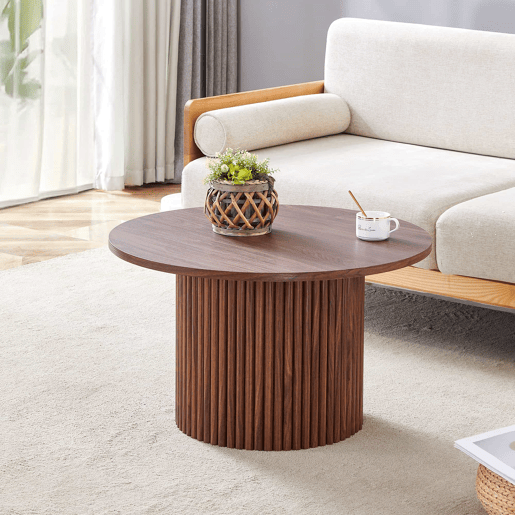 Mesa de centro redonda de 70 cm - design canelado ao estilo das colunas romanas, estrutura metálica integrada, estilo retro de luxo para a sala de estar - cor nogueira