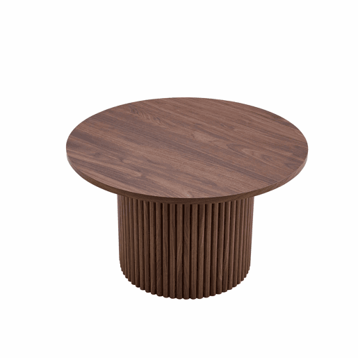 Mesa de centro redonda de 70 cm - design canelado ao estilo das colunas romanas, estrutura metálica integrada, estilo retro de luxo para a sala de estar - cor nogueira