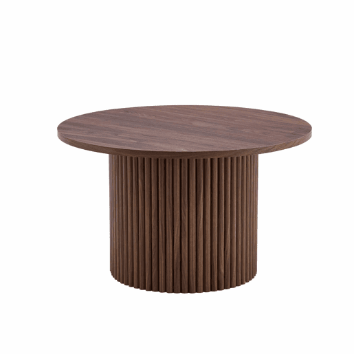 Mesa de centro redonda de 70 cm - design canelado ao estilo das colunas romanas, estrutura metálica integrada, estilo retro de luxo para a sala de estar - cor nogueira