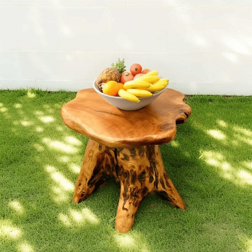 Mesa de centro de formato irregular - em madeira maciça de abeto, suporte para flores, banquinho - cor natural