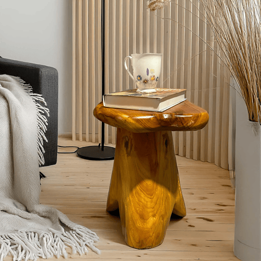 Mesa de centro de formato irregular - em madeira maciça de abeto, suporte para flores, banquinho - cor natural